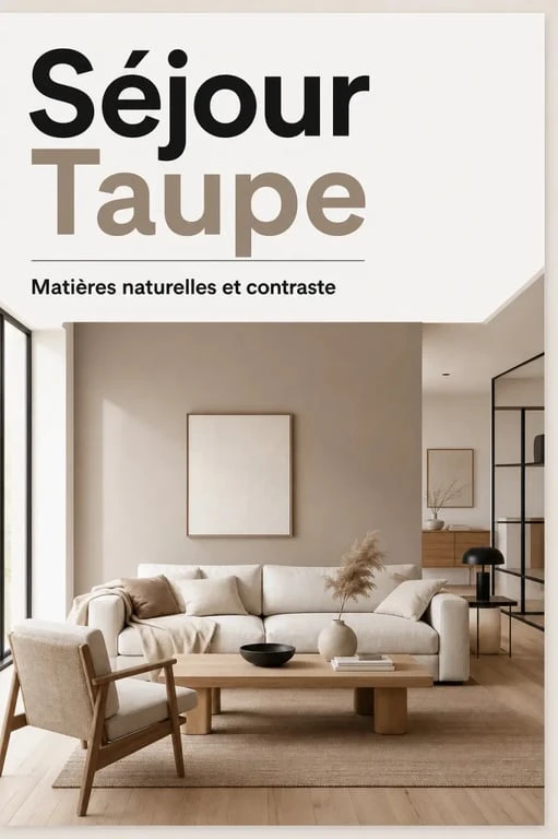Peinture taupe dans un séjour lumineux avec canapé écru et bois clair