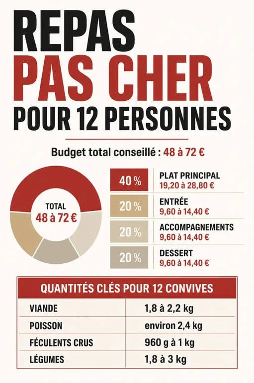 Infographie repas pas cher pour 12 personnes avec budget, quantités et répartition des dépenses