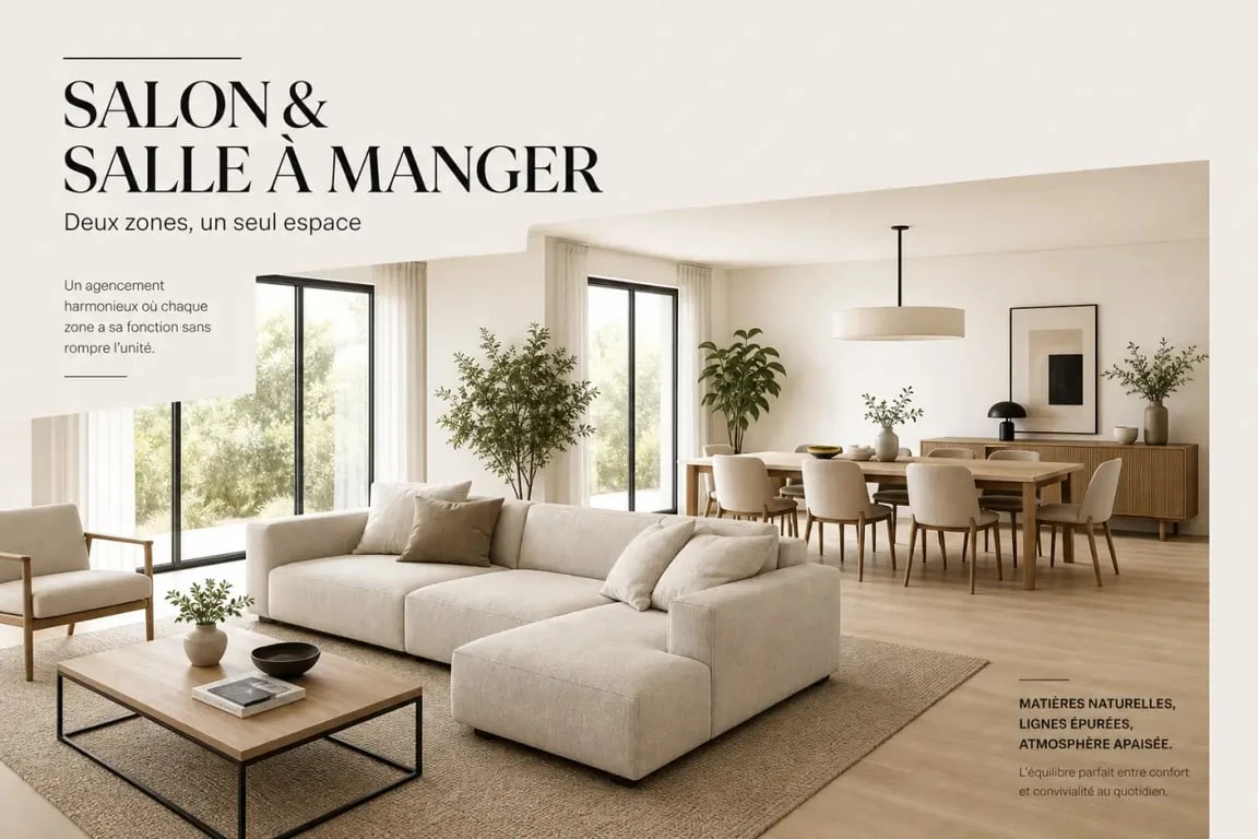 Salle à manger et salon dans la même pièce : aménagement ouvert avec canapé, table, tapis et séparation visuelle douce