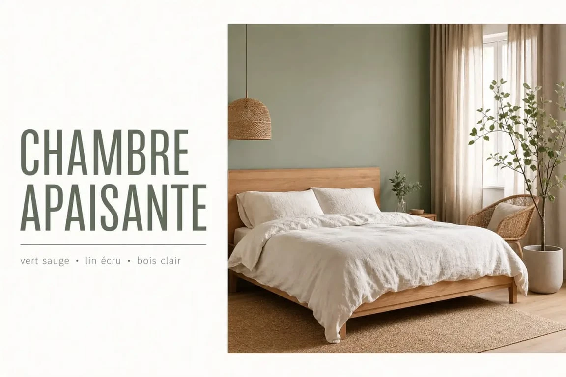 Chambre vert sauge et bois dans une ambiance naturelle et apaisante