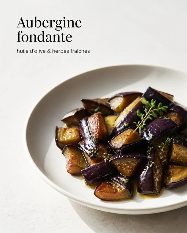 Aubergine fondante à la poêle, recette d’aubergine fondante à la poêle servie chaude avec herbes fraîches