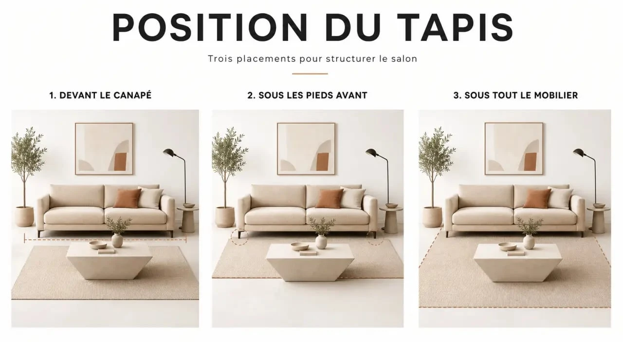 Tapis dans salon : trois positions possibles par rapport au canapé et à la table basse