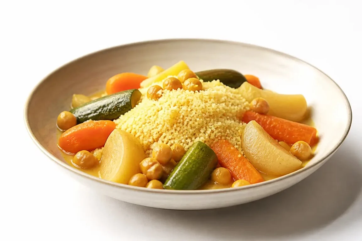 Recette couscous legumes recette servie dans un grand plat avec semoule légère, légumes et pois chiches