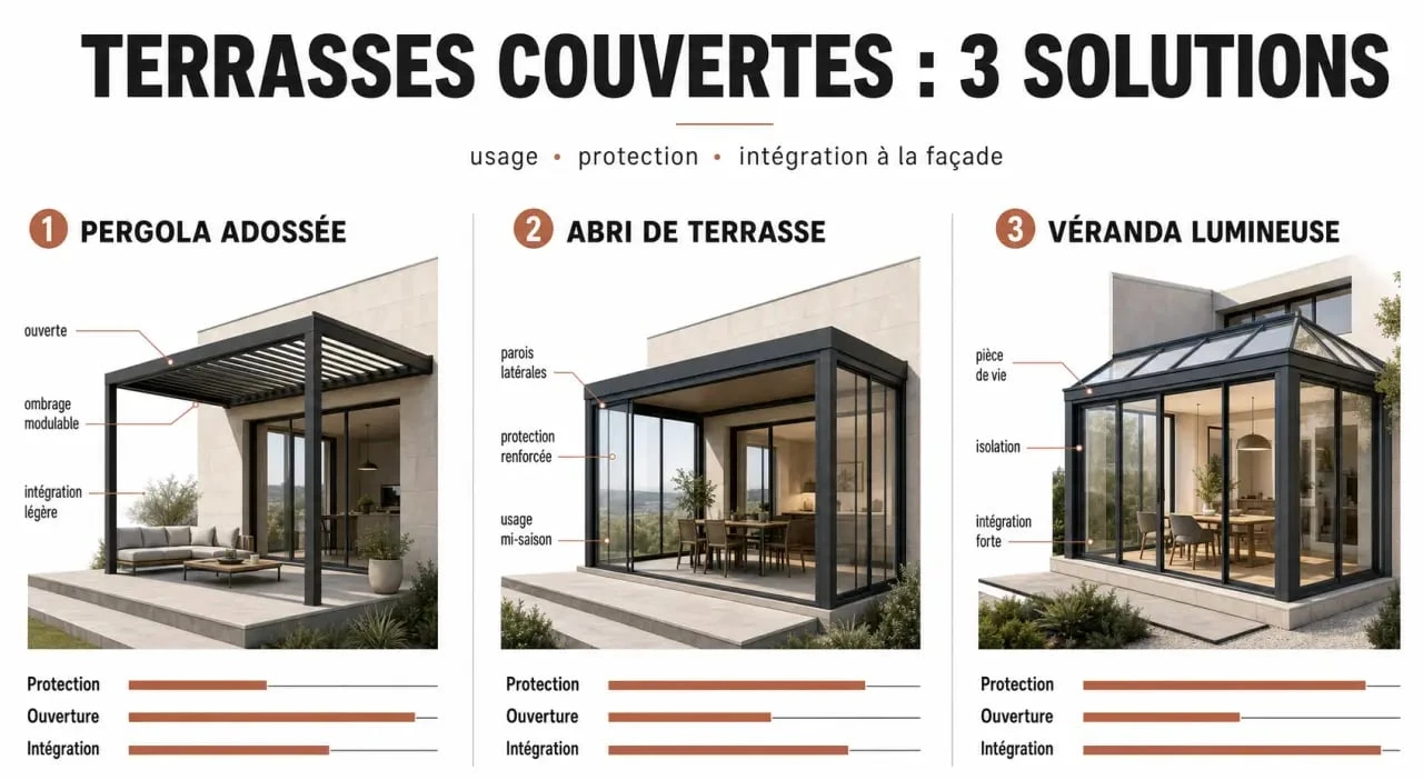 Comparatif visuel d’une terrasse couverte maison avec pergola, abri de terrasse et véranda
