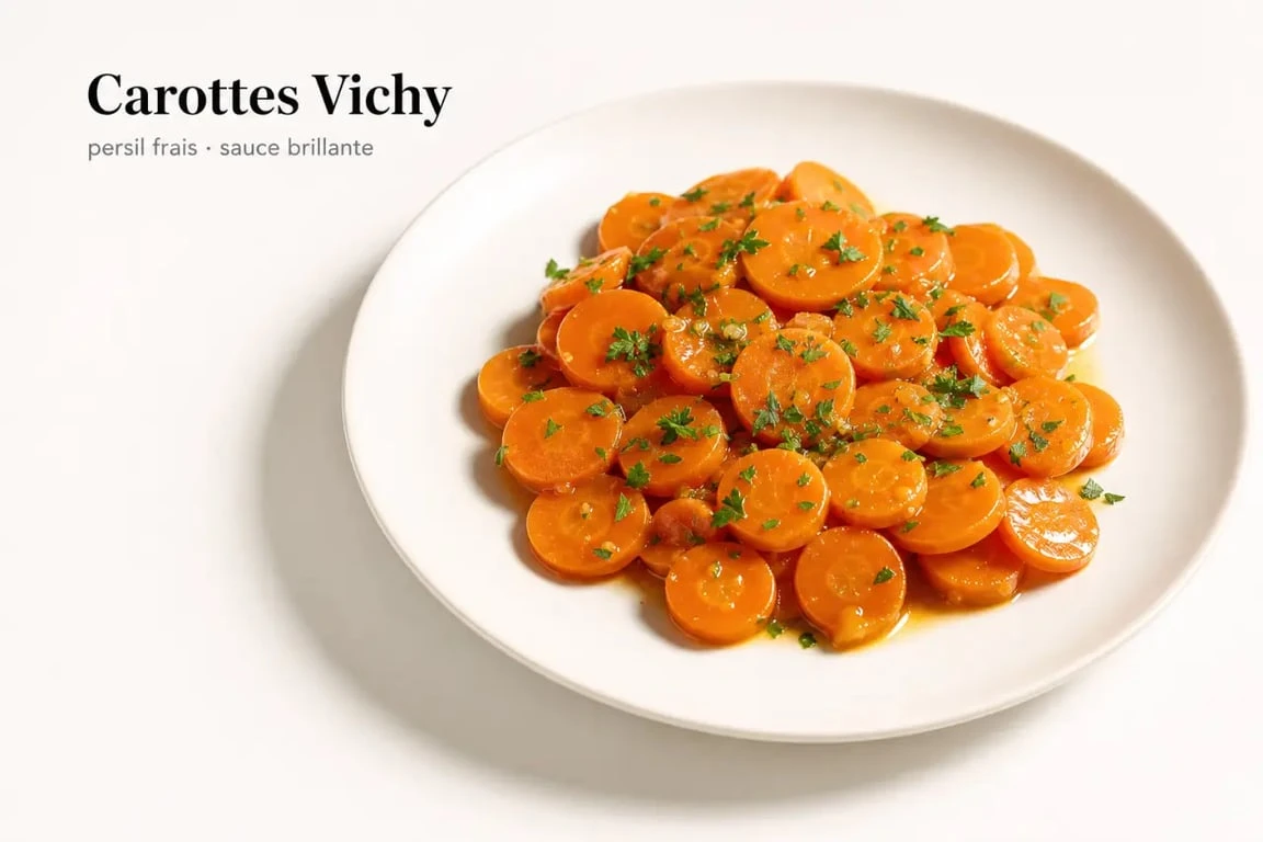 Recette des carottes Vichy fondantes et brillantes servies dans une assiette blanche