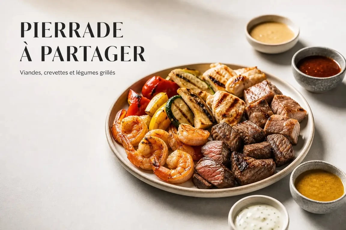 Recette pour pierrade dressée avec viandes, crevettes, légumes grillés et sauces