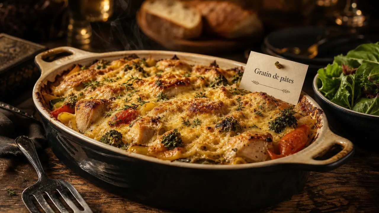 Gratin de pâtes au poulet, plat unique pour 12 personnes, au four