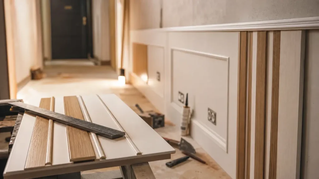 Habillage mur intérieur PVC et panneau décoratif bois dans un couloir