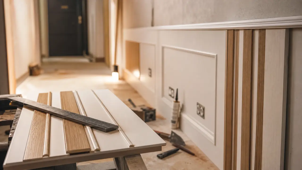 Habillage mur intérieur PVC et panneau décoratif bois dans un couloir