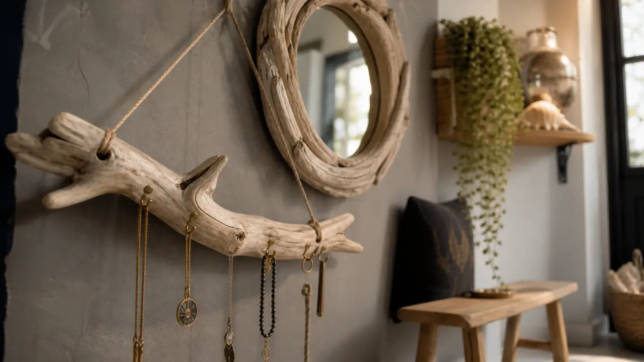 Idées déco bois flotté ambiance nature : porte-bijoux en bois flotté et miroir rond