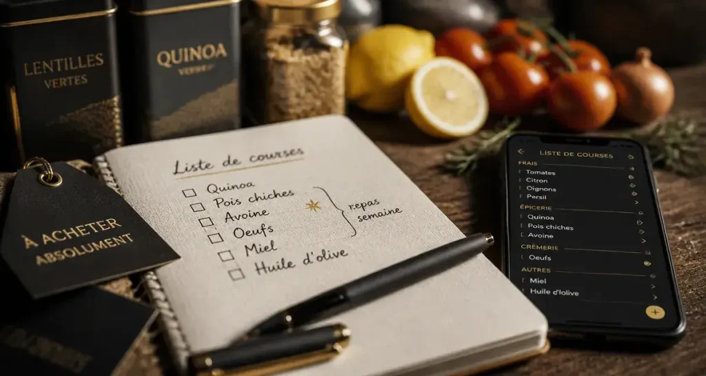 Liste courses alimentaires : essentiels à acheter, carnet et smartphone sur table