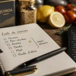 Liste courses alimentaires : essentiels à acheter, carnet et smartphone sur table