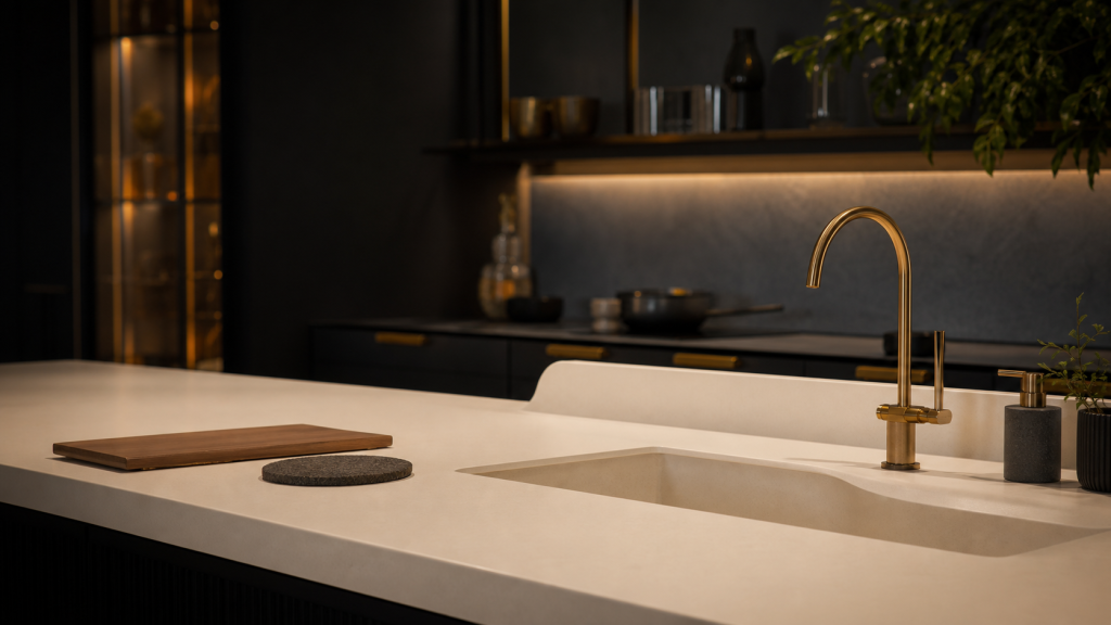 Plan de travail en corian avec joints invisibles, entretien simple et chaleur à surveiller