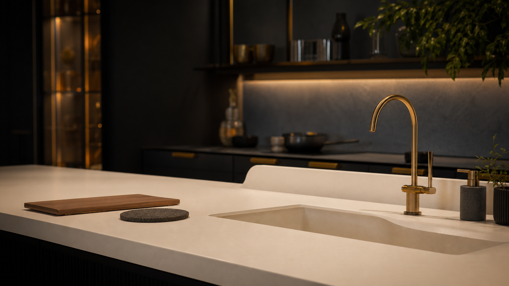 Plan de travail en corian avec joints invisibles, entretien simple et chaleur à surveiller