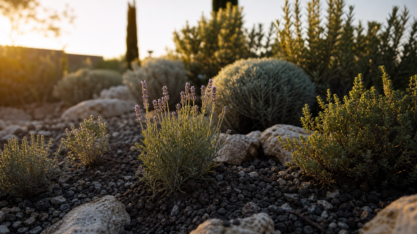 Plantes méditerranéennes sans arrosage : lavande, thym et romarin au soleil, sol pauvre drainant