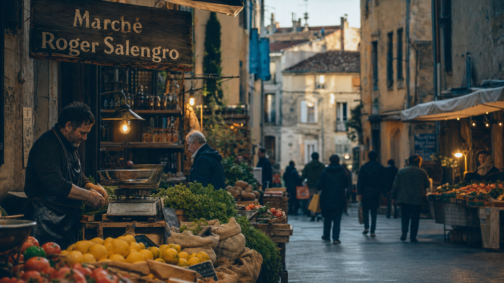 Quartier figuerolles montpellier : étals du marché Roger Salengro, ruelle et façades