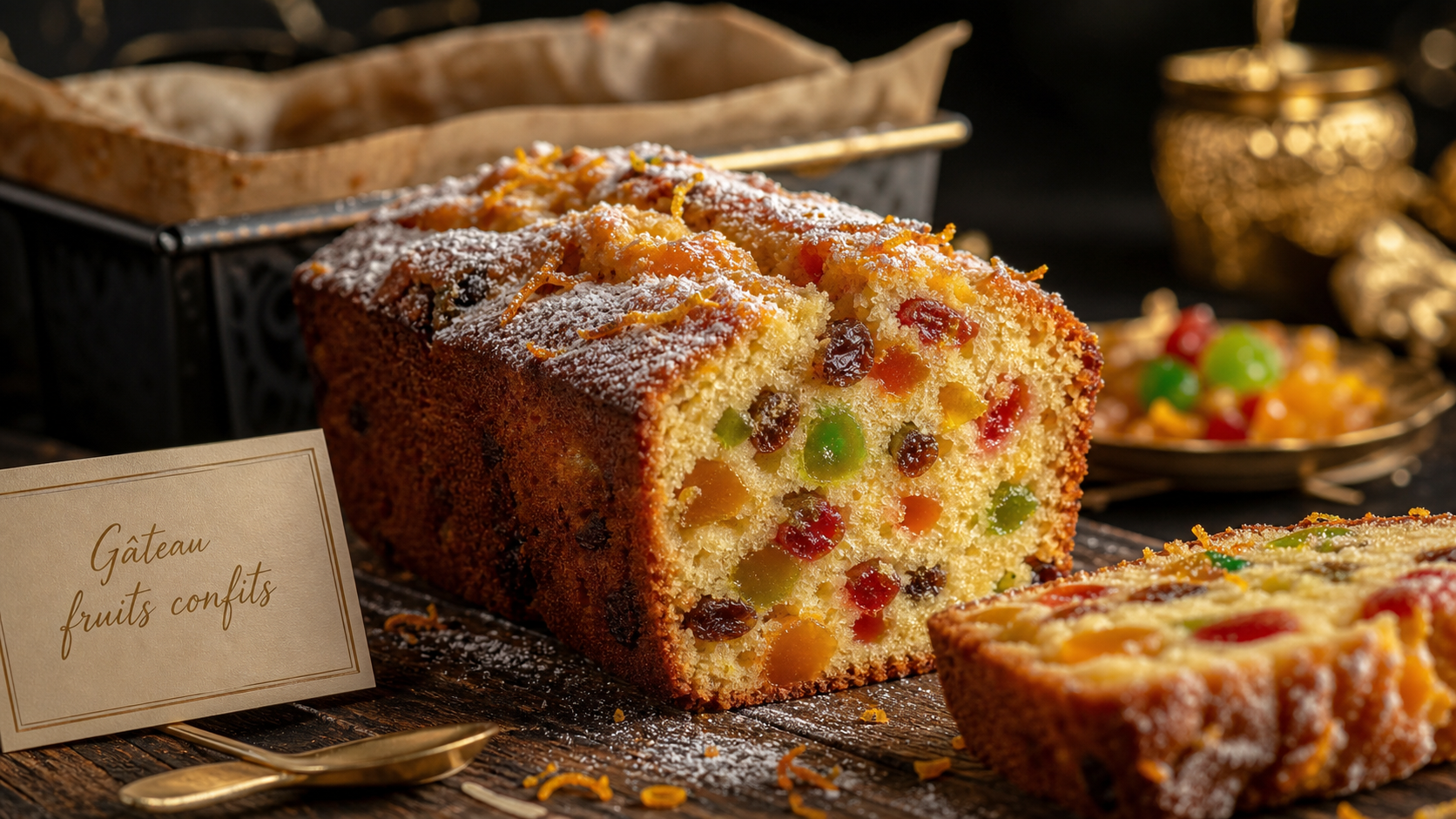 Recette de gâteau aux fruits confits facile : gros plan du cake moelleux aux fruits confits