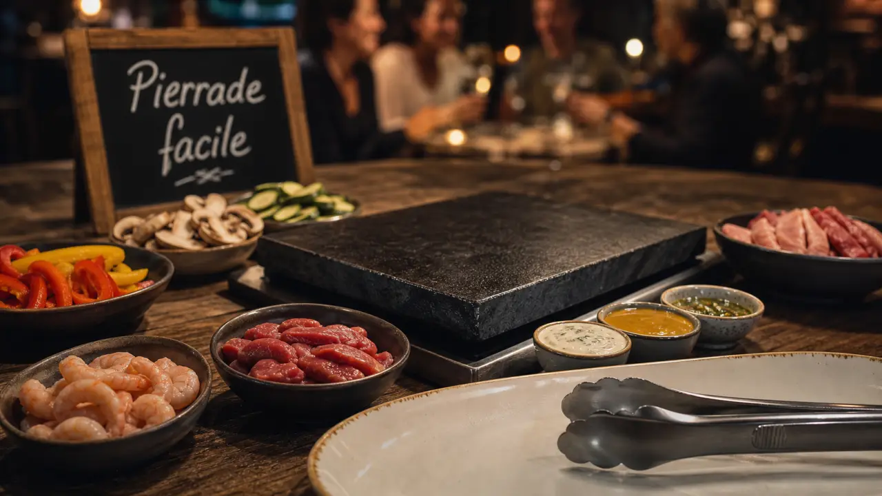 Recette pour pierrade : pierre chauffée, viandes et sauces fraîches