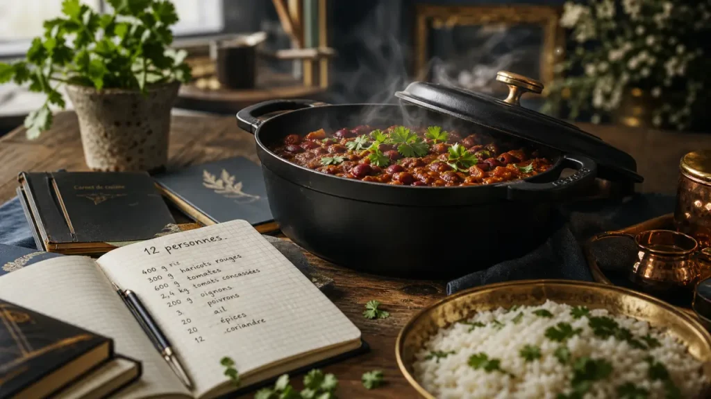 Repas pas cher pour 12 personnes : cocotte de chili sin carne et riz