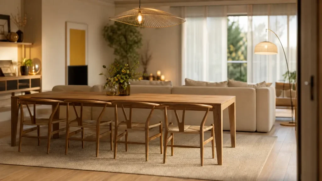 Salle à manger et salon dans la même pièce, séparation lumineuse avec tapis et canapé