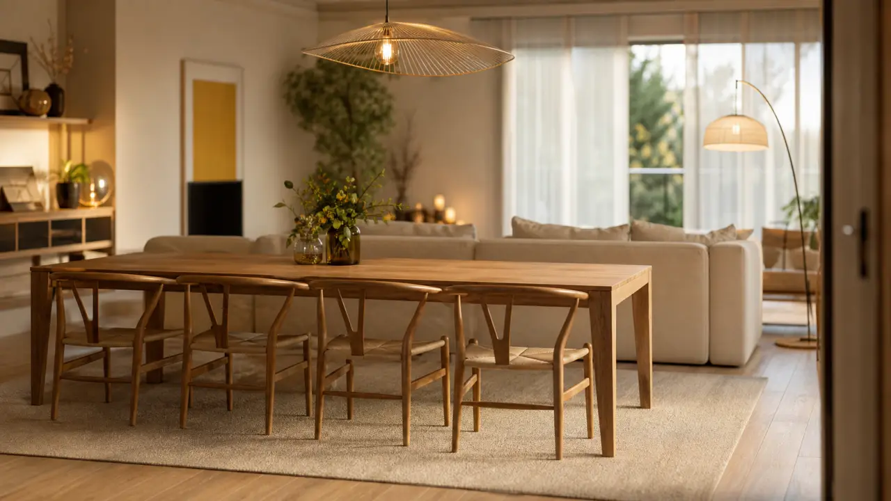 Salle à manger et salon dans la même pièce, séparation lumineuse avec tapis et canapé