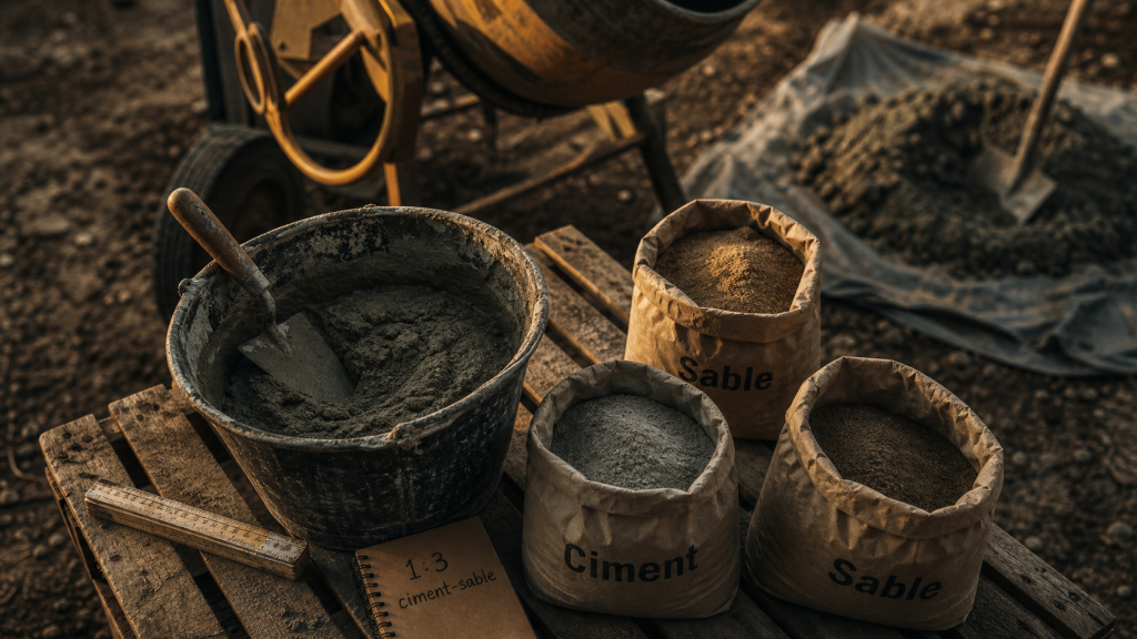 Tableau dosage ciment sable pour mortier, chape et béton