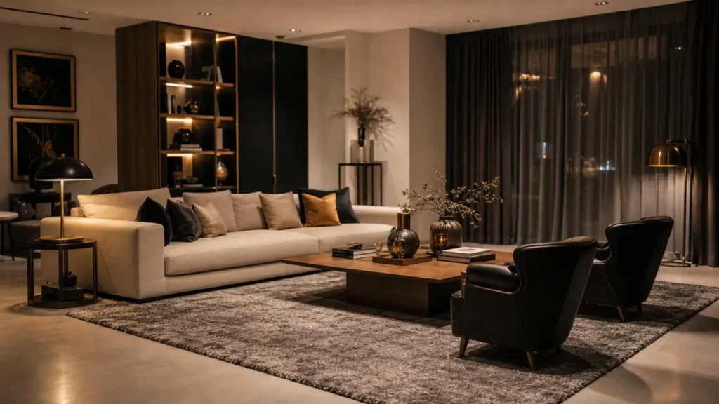 Tapis dans salon : placement sous canapé avec 30 cm de débord