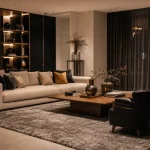 Tapis dans salon : placement sous canapé avec 30 cm de débord
