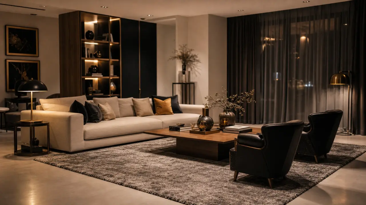Tapis dans salon : placement sous canapé avec 30 cm de débord