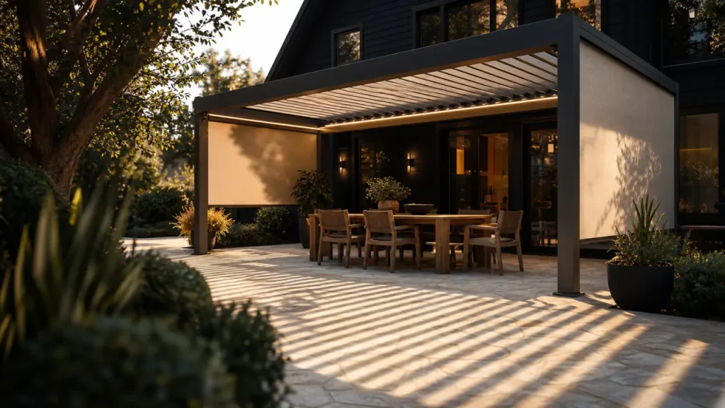 Terrasse couverte maison avec pergola aluminium et stores latéraux