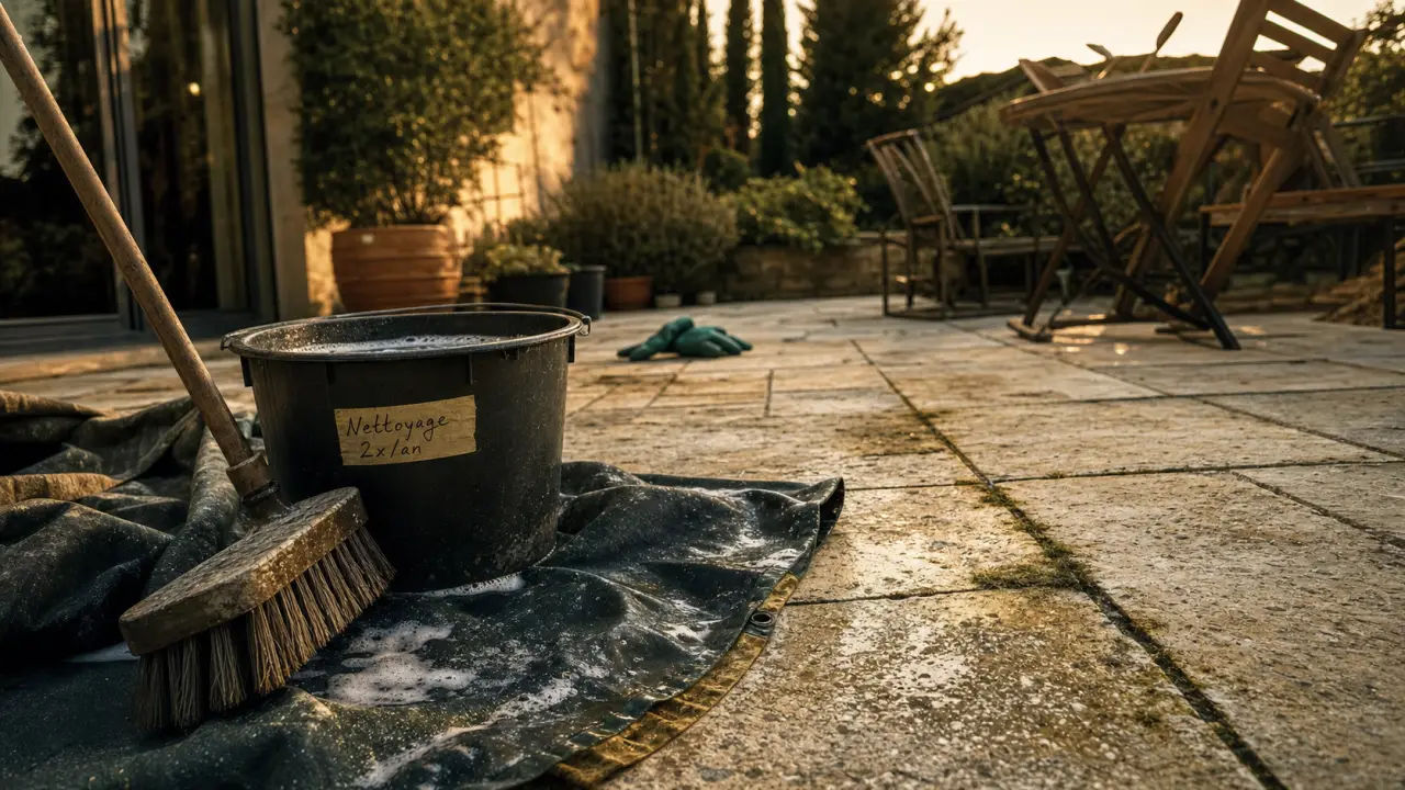 Terrasse nettoyage : savon noir, balai et joints encrassés