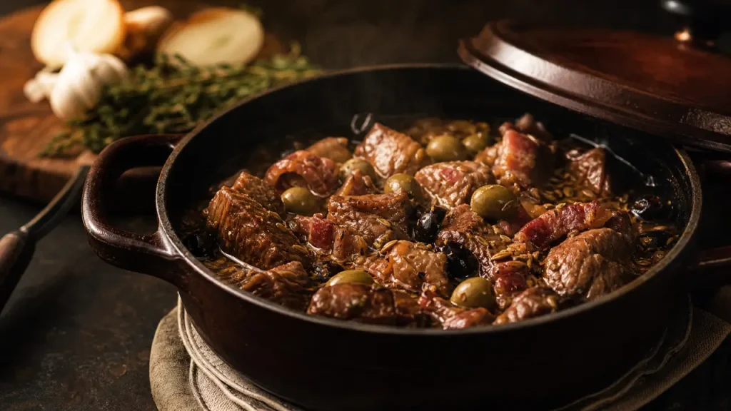 Veau corse aux olives en cocotte, olives et sauce fumante