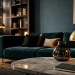 Salon avec vert canard couleur, canapé et mur d’accent