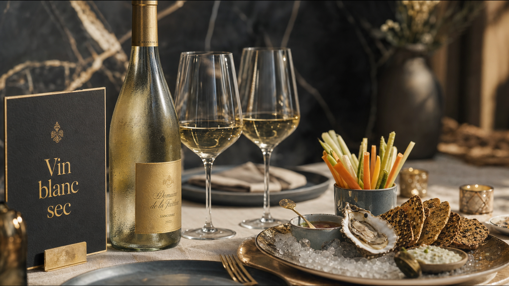 Vin blanc sec apéro : verres et bouteille au style chic, sauvignon, chardonnay, albariño