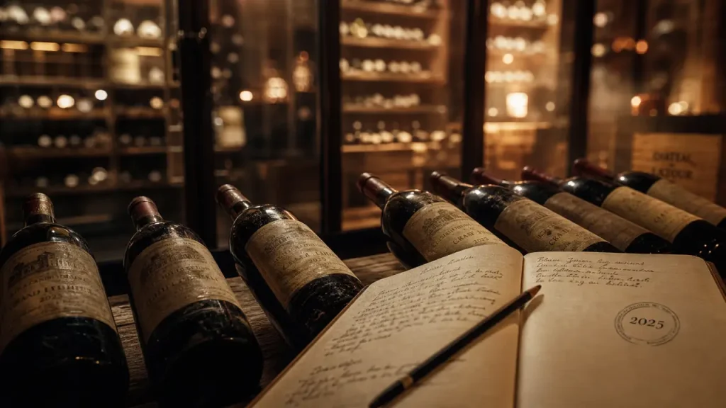 vin de garde 2025 en cave, bouteilles et carnet de dégustation