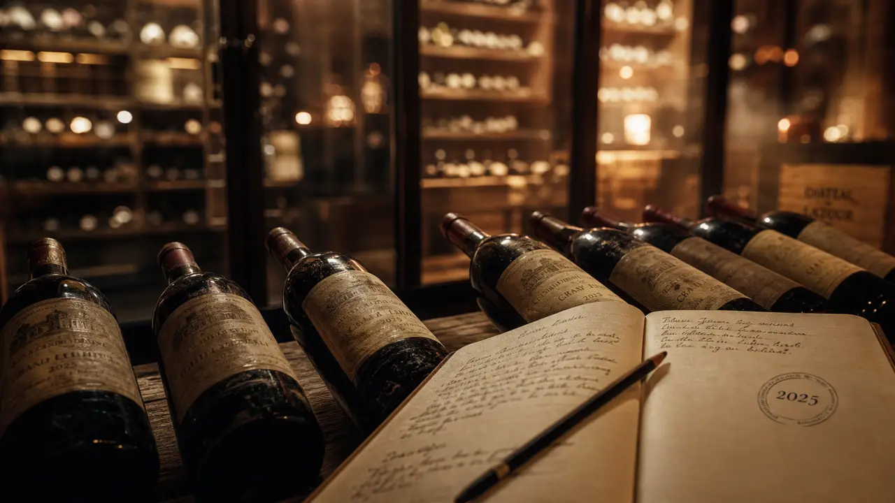 vin de garde 2025 en cave, bouteilles et carnet de dégustation