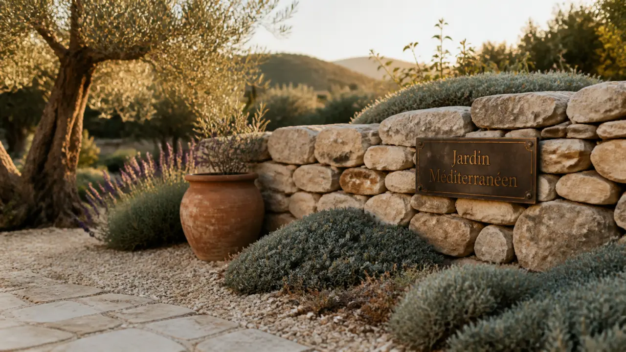 amenagement jardin mediterraneen : terrasse minérale, olivier argenté, lavande et santoline