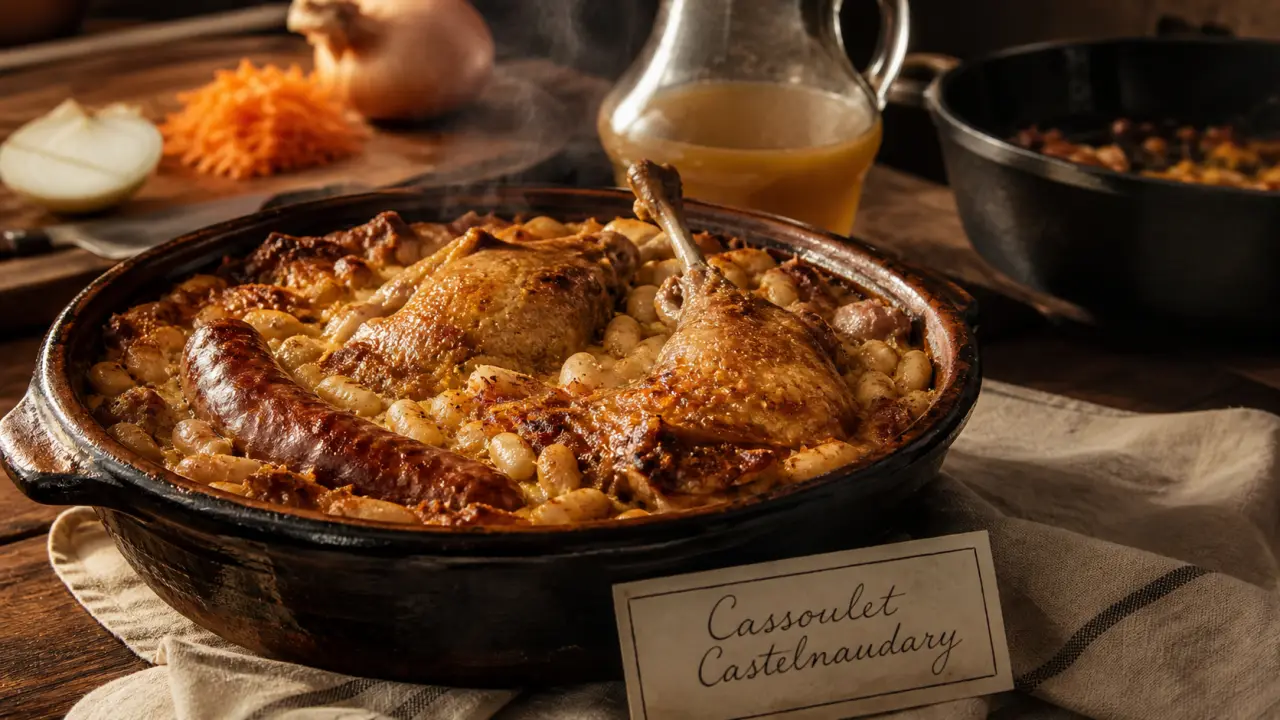 Cassoulet de Castelnaudary recette : cassole, haricots lingots, cuisses confites, saucisse de Toulouse