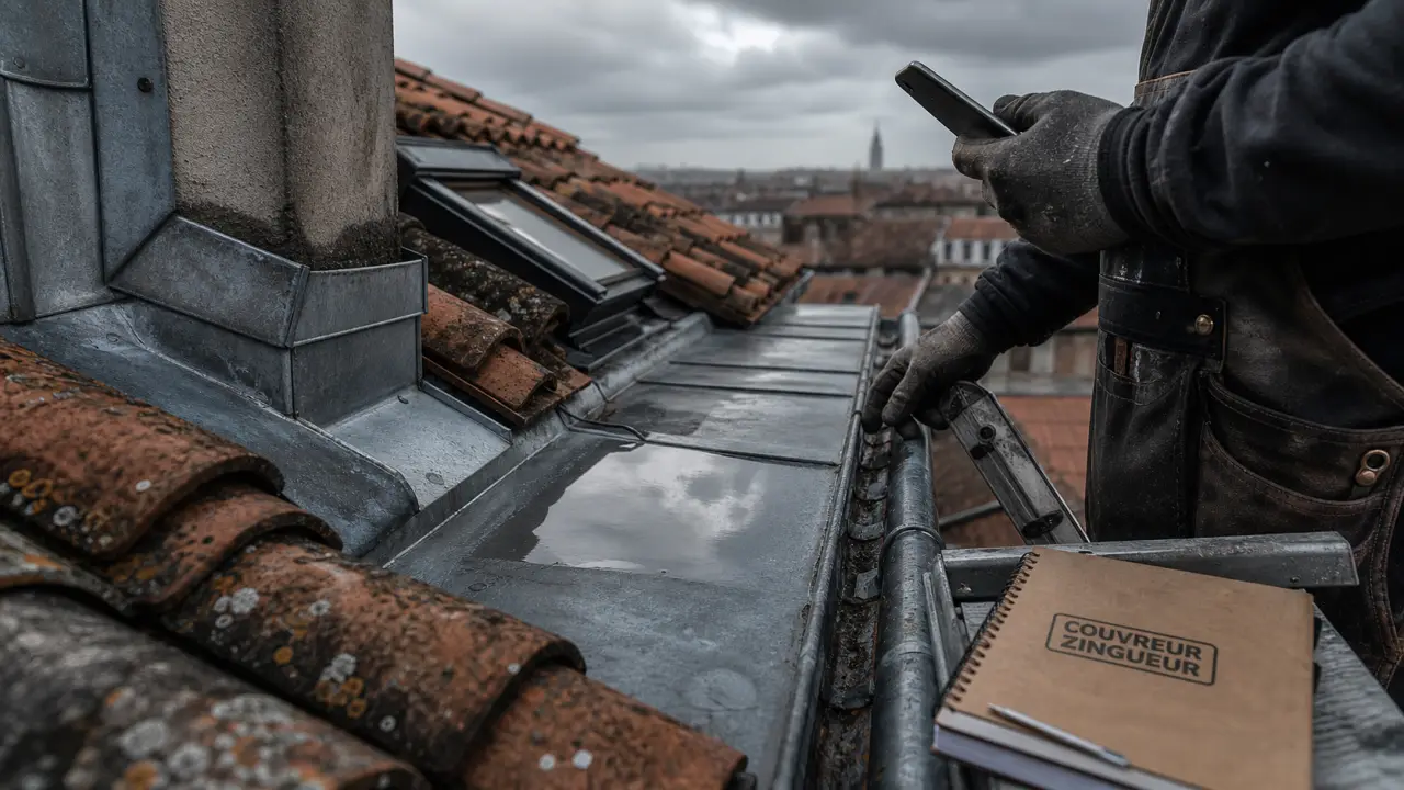 Couvreur zingueur Toulouse inspecte une toiture zinc : signes d’infiltration avant l’orage