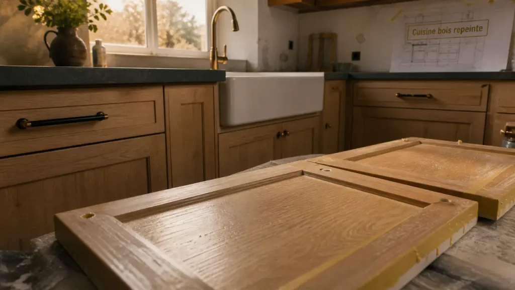 cuisine bois repeinte avec façade en bois poncée et finition