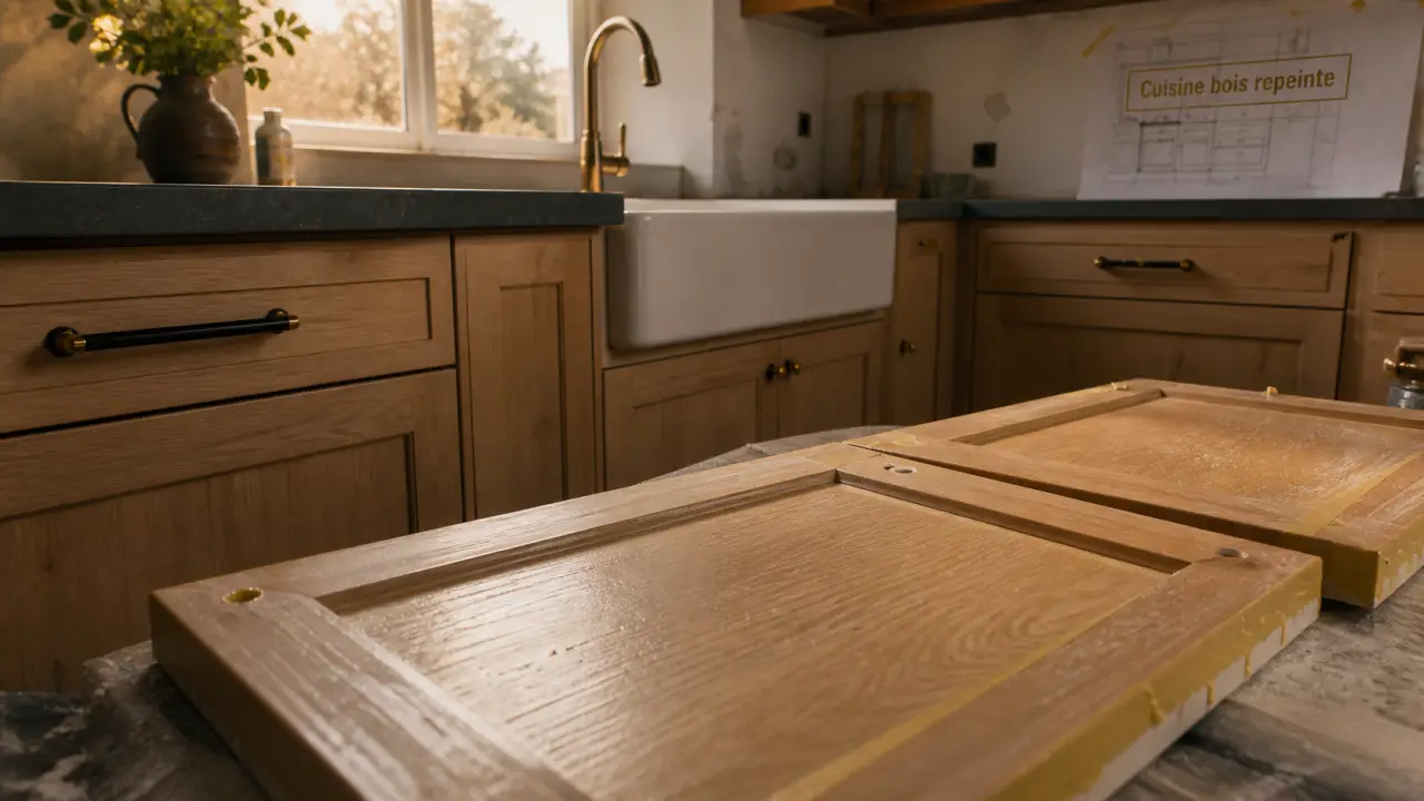 cuisine bois repeinte avec façade en bois poncée et finition