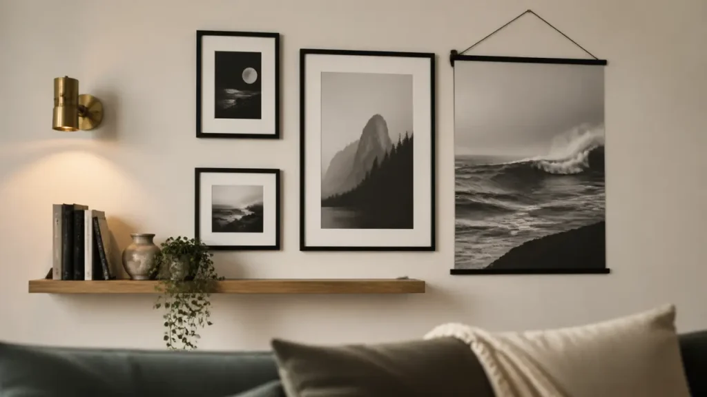 Décorer mur blanc : cadres noirs, applique laiton et affiche noir et blanc