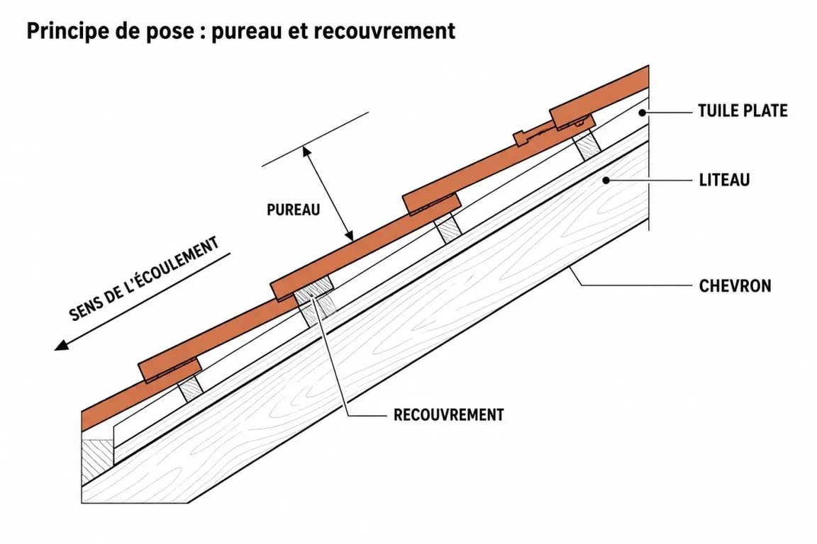 Schéma technique de pose d'une toiture en tuile plate avec pureau et recouvrement