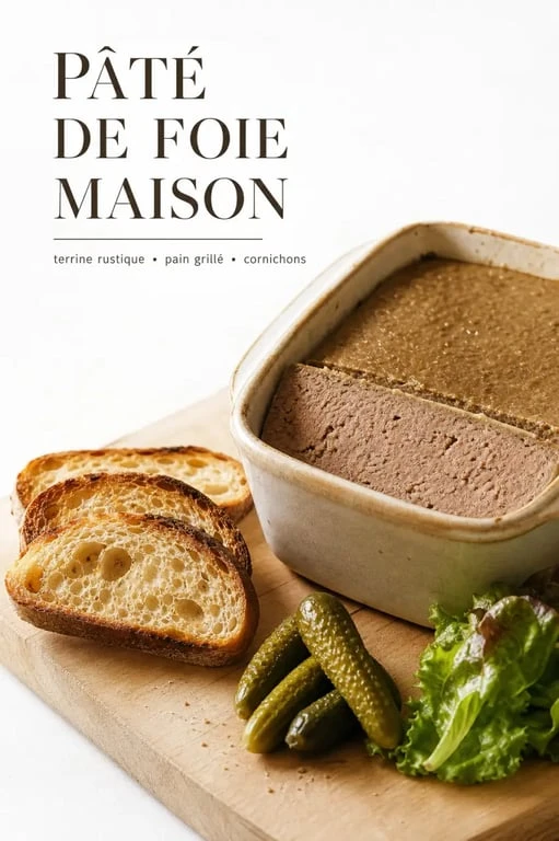 Recette du paté de foie maison servi en tranche avec pain grillé et cornichons