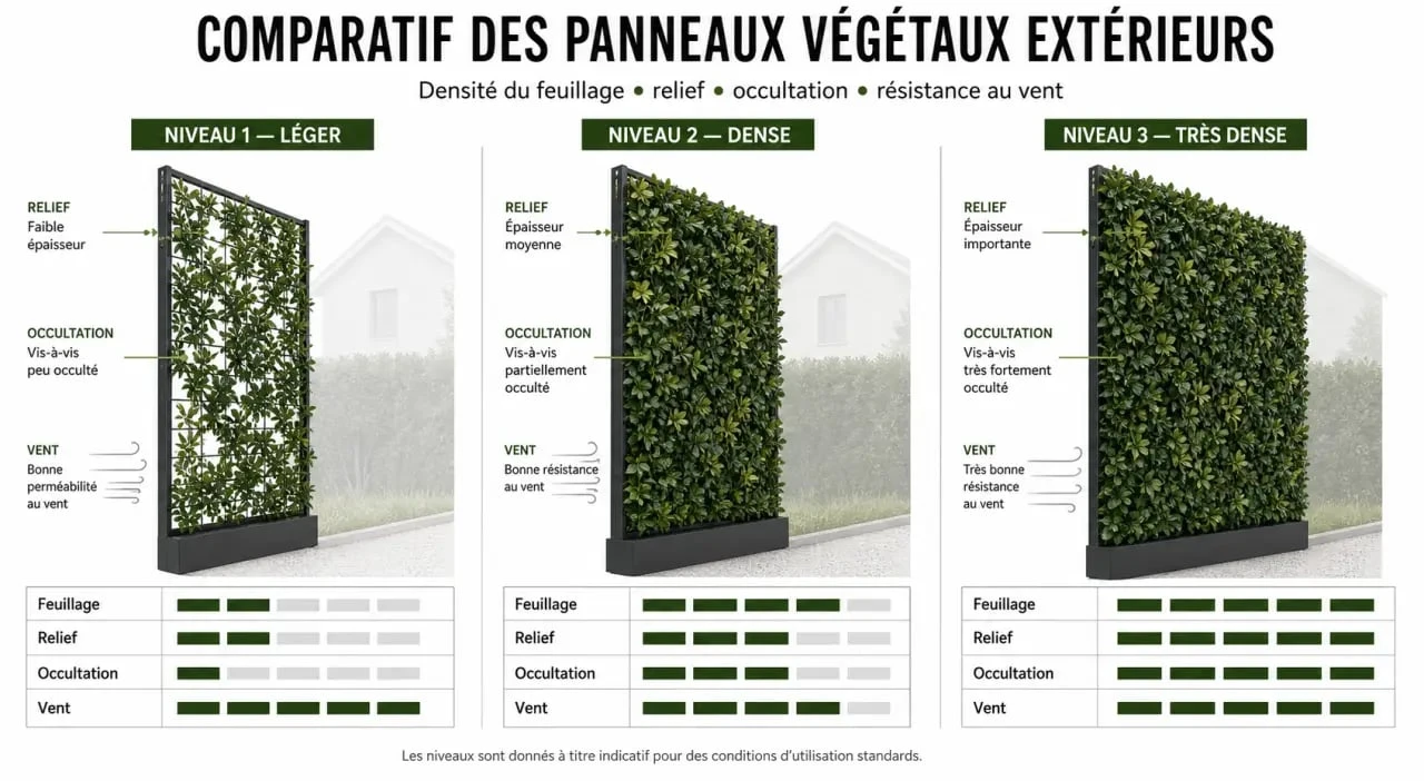 Comparatif panneau végétal extérieur selon densité, occultation et tenue au vent