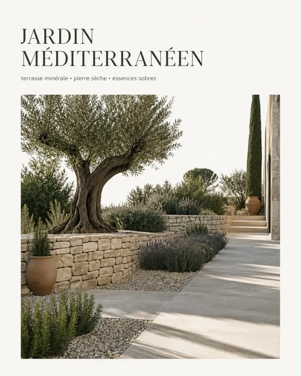 Aménagement jardin méditerranéen avec terrasse minérale, olivier, lavandes et gravier clair