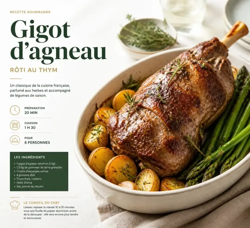 Gigot d'agneau rôti et ses accompagnements de pommes de terre et asperges