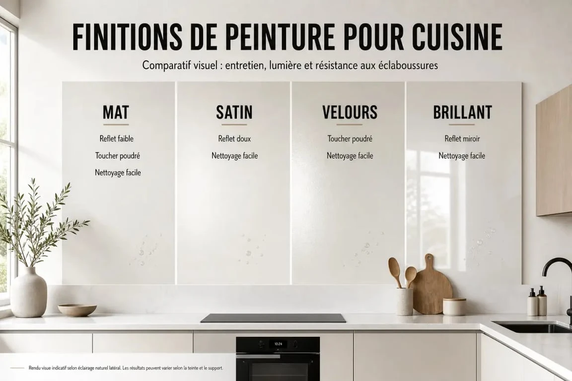 Peinture mur cuisine : comparatif des finitions mat, satin, velours et brillant en cuisine
