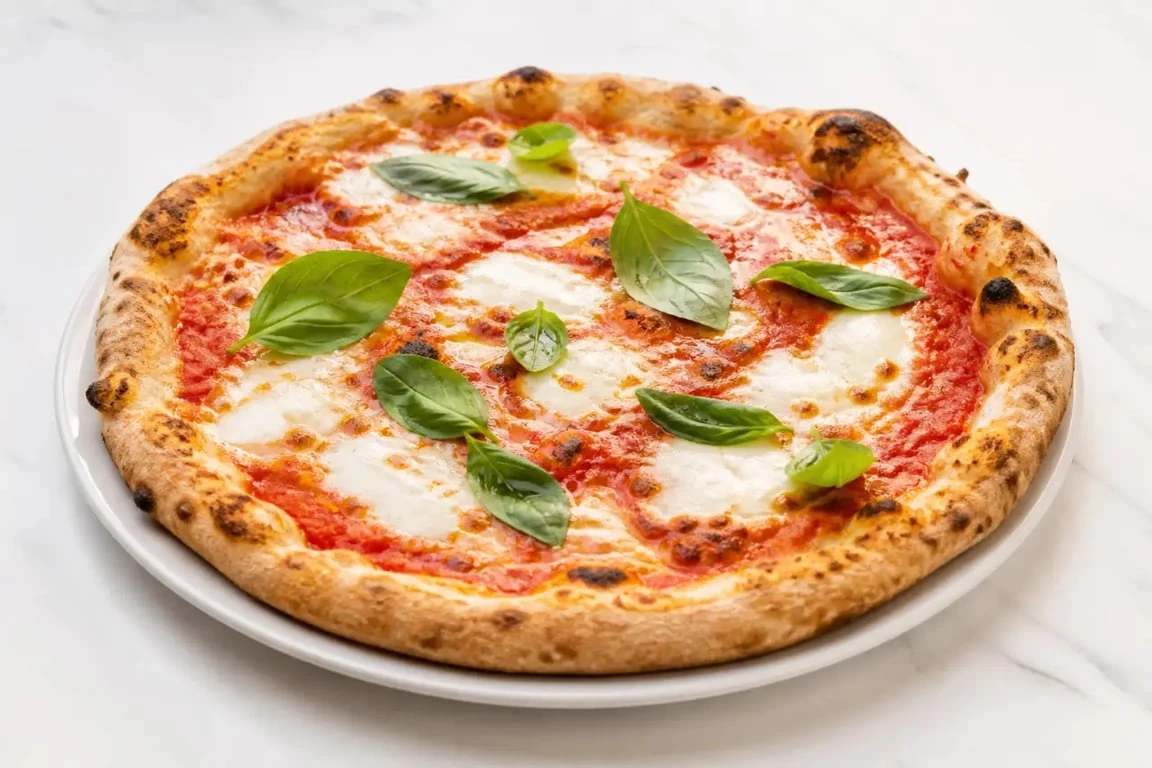 Idée de pizza italienne maison avec sauce tomate, mozzarella et basilic frais