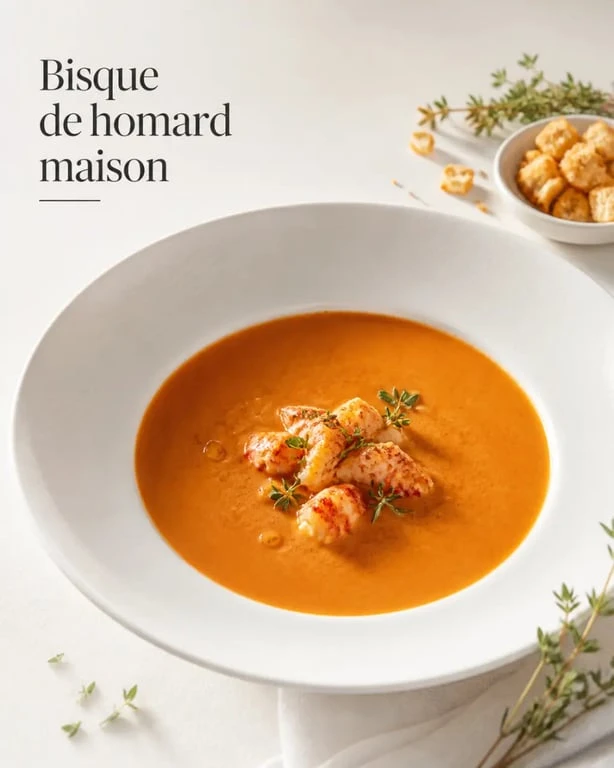 Recettes bisque de homard maison servie en assiette creuse avec morceaux de homard et herbes fraîches